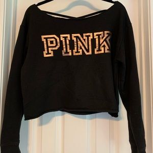 Pink off the shoulder crop top sweater.
